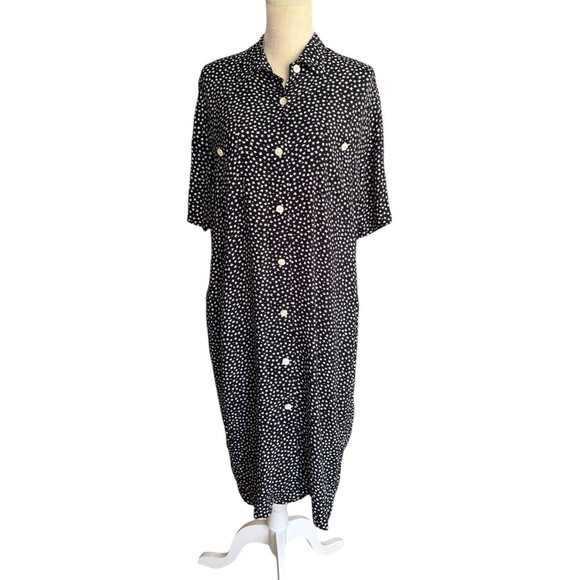 Bogner Women's Short Sleeve Button Down Dress Size 14 Navy White Print Pockets - Picture 2 of 16